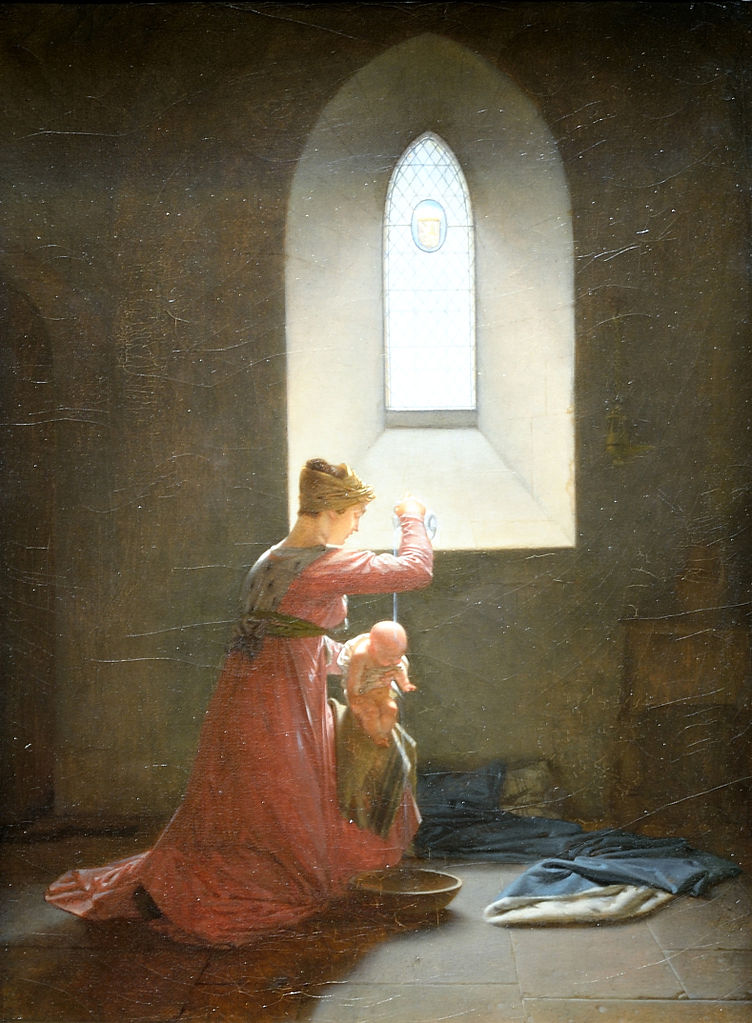Jean-Baptiste Mallet, Geneviève de Brabant dans sa prison baptisant son fils, musée de Cherbourg, 1824